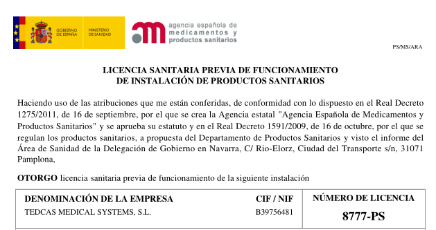 Achivement of Sanitary License for the Operation of the Installation of Medical Devices